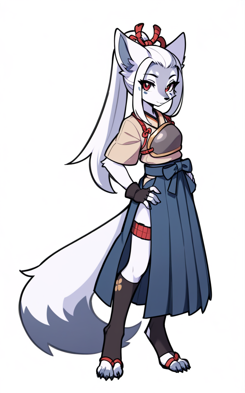 best quality, absurdres,full body, <lora:BolivanteStyleITS:0.8>,   <lora:HOITS:0.8>, HOITS,  toeless legwear, thigh strap, fingerless gloves, gloves, skirt, hakama skirt, side slit, hakama, japanese clothes, breastplate, short sleeves, furry, furry female, animal ears, tail, body fur, long hair, fox girl, fox tail, fox ears, animal feet, animal nose, red eyes, white hair, ponytail, white fur, claws, white background, slim, standing, blue skirt, long skirt, beige shirt