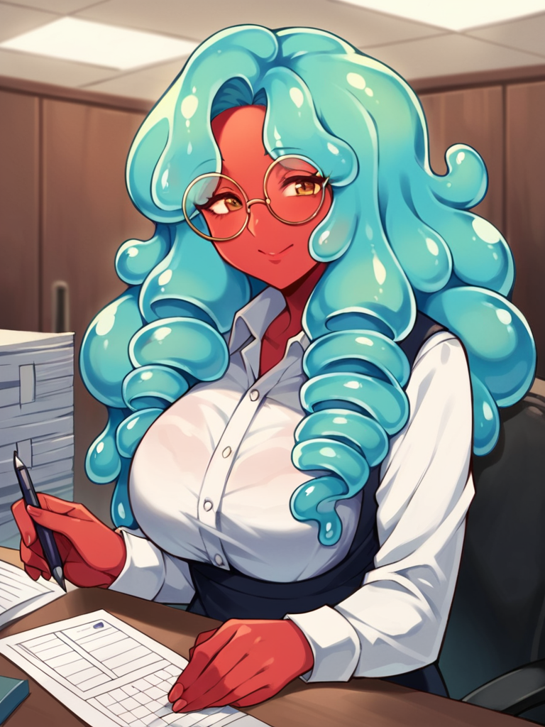 score_9, score_8_up, score_7_up, score_6_up, score_5_up, score_4_up, source_anime, 1girl, slime girl, red skin, smart attire, round eyeglasses, mature, wavy hair, ringlets, solo, slimegirlsfw, indoors, office, holding document, depth of field, LUT,  medium close shot, <lora:slimegirlsupremacy:1>, detailed, beautiful