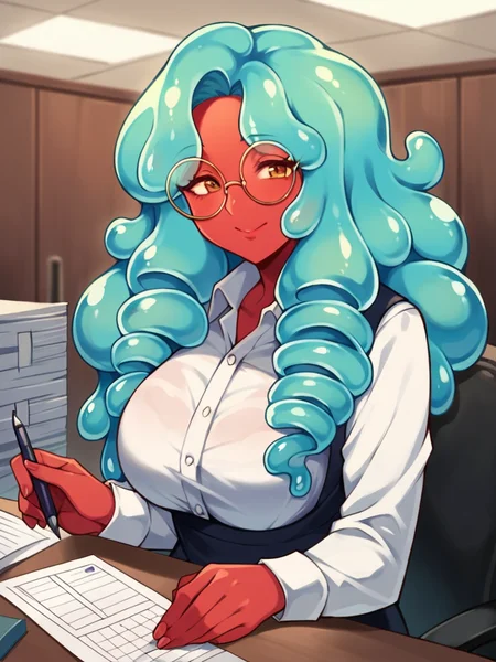 score_9, score_8_up, score_7_up, score_6_up, score_5_up, score_4_up, source_anime, 1girl, slime girl, red skin, smart attire, round eyeglasses, mature, wavy hair, ringlets, solo, slimegirlsfw, indoors, office, holding document, depth of field, LUT, medium close shot, <lora:slimegirlsupremacy:1>, detailed, beautiful