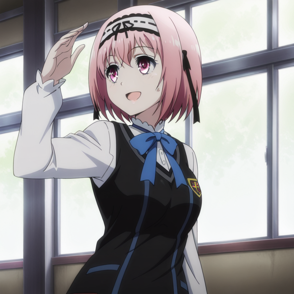 nsfw, masterpiece, best quality, 1girl,solo, val_love_mutsumi_saotome, standing, school uniform, pink hair, open mouth, short hair, pink eyes, smile, hairband, bow, ribbon, anime coloring, arm up, long sleeves, sweatdrop, shirt, window,  <lora:Mutsumi_Saotome_-_Val_Love:0.7>