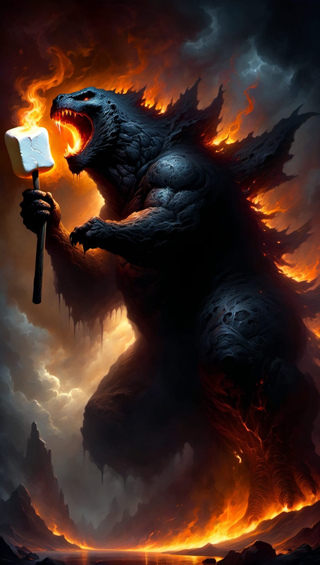 A masterful composition, a dark and gritty but luminous digital fantasy painting in the style of brom, godzilla holds a large toasted marshmallow on a stick, godzilla ignites the marshmallow with flame breath, HDR, 8k, extremely detailed, detailed background, high contrast, bold negative spaces, cinematic, complex and multidimensional lighting, epic,  <lora:xl_more_art-full_v1:0.6>