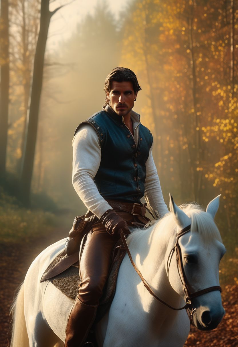 FlynnRider, 1man, realistic, riding white horse in forest, leather gloves, badass stance, manly,  full body shot, realistic, stunningly realistic, trending on artstation , (masterpiece), best quality, highres, 4k, 8k, intricate detail, cinematic lighting, amazing quality, amazing shading, soft lighting, 35mm, analog style, a realistic photo, film grain, (photorealistic:0.6), taken by a canon eos r5, ultra detailed skin, ultra detailed face,  chromatic aberration, colorful, bright colors,