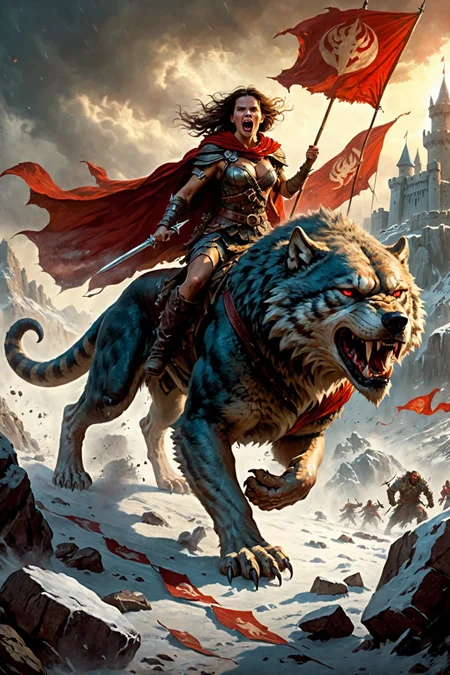 strong and powerful dungeons and dragons epic movie poster barbarian woman with cape charging into battle violent roar riding a vicious ice [wolf|tiger] beast leather and fur boots warriors and red banners (windy dust debris storm:1.1) volumetric lighting fog depth mist pass z pass great stone castle very bright morning sunlight from side