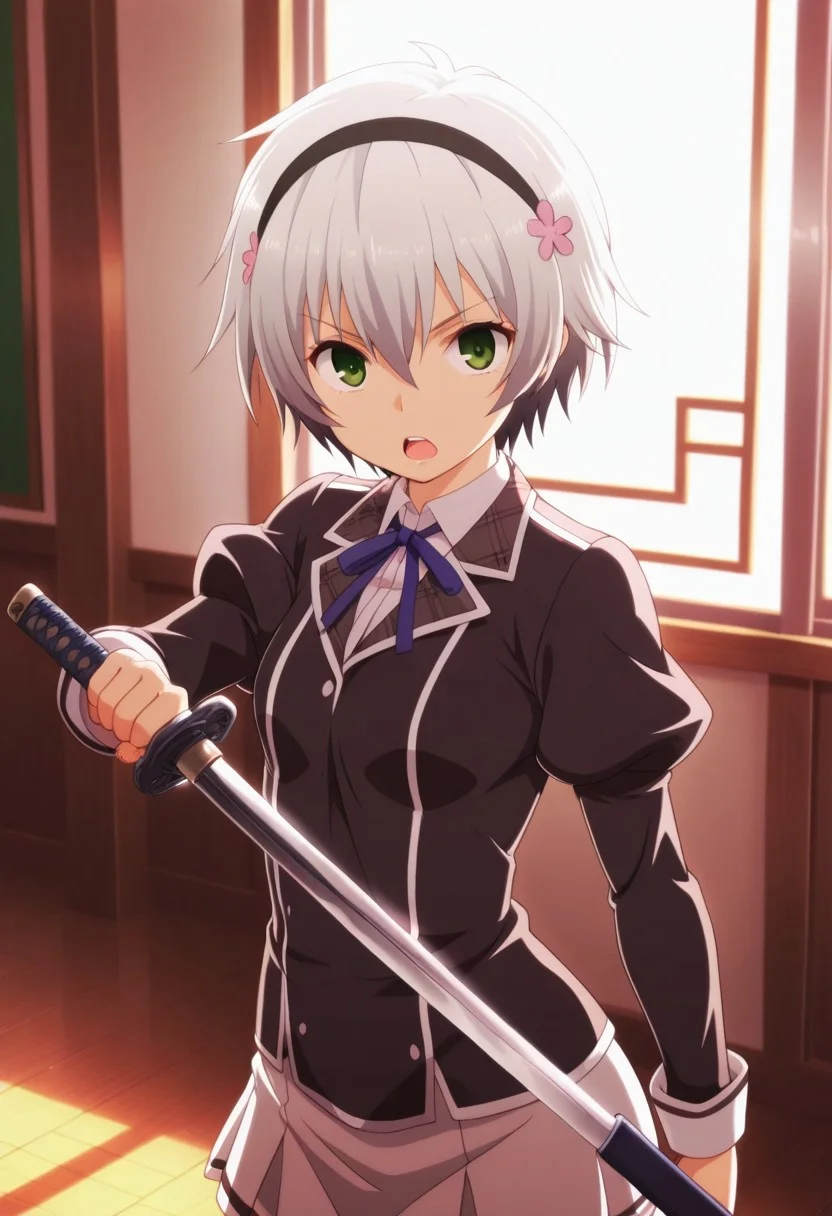 masterpiece,best quality,amazing quality, kurogane shizuku, short hair, green eyes, silver hair, 1girl, solo, weapon, hair ornament, hairband, sword, flower, school uniform, hair flower, open mouth