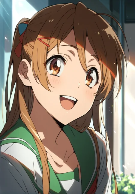 score_9, score_8_up, score_7_up, <lora:Highschool_of_the_dead_style_pony_r1:0.8>, rei miyamoto, brown eyes, brown hair, long hair, school uniform, open mouth, smile, hair ornament, hairclip, solo, best quality, high quality