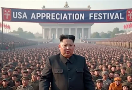 Kim Jong Un holding a massive parade in Kim Il Sung Square, with thousands of people gathered. A banner hanging above Kim has English text that clearly reads "USA APPRECIATION FESTIVAL".