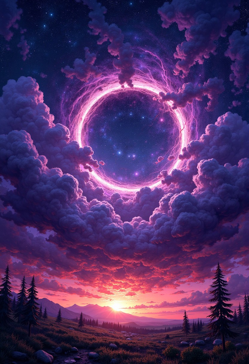 masterpiece, best quality, ,illustration style of Laurent Grasso, the storm is brewing in a busy sky (purple clouds circular) glowing starry sky, creating circular shape in the scary but beautiful sky, (howling wind:1.3), (dark clouds:1.2), sunset, desolate landscape, muted colors, dramatic atmosphere, oil painting, high detail, textured brushstrokes, moody lighting, ethereal quality.