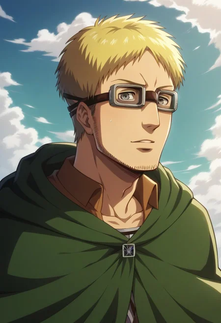 score_9, score_8_up, score_7_up, score_6_up, perfect anatomy, perfect proportions, best quality, masterpiece, high_resolution, high quality, aesthetic, absurdres, (male focus), solo male, Abel, ((blond hair)), short hair, grey eyes, long sideburns, thick facial hair, chinstrap stubble, jawline stubble, paradis military uniform\(Attack on Titan\), green undershirt, green cloak\(Attack on Titan\), hooded cloak, hood down, goggles, thick-rimmed glasses with bands around head, adult, mature, masculine, manly, handsome, charming, alluring, (portrait, headshot), upper body, dutch angle, perfect eyes