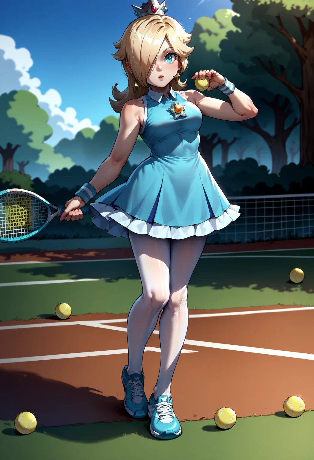 score_9, score_8_up, score_7_up, source_anime, 1girl, RslnTnns, hair over one eye, crown, sportwear, bare shoulder, tennis uniform, blue dress, white pantyhose, shoes, <lora:Rosalina_XLPD:0.8>, tennis, tennis ball, net, white pantyhose,