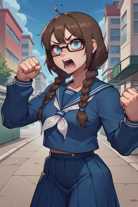 score_9, score_8_up, score_7_up, score_6_up, source_anime BREAK 1girl, <lora:yoshidasaki-pdxl-nvwls-v1-000006:1> defSaki, blue eyes, brown hair, twin braids, hair over shoulders, glasses, navy blue shirt, serafuku, white neckkerchief, long sleeves, navy blue skirt, pleated skirt, annoyed, fists, clenched hands, loafers, city, hand up, yelling, looking at you