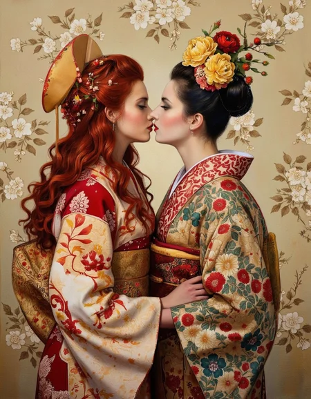 By Joshua Burbank. A photo-realistic painting of two women in traditional japanese kimonos, both adorned with floral headdresses, facing each other in a passionate kiss. the woman on the left has long, wavy red hair and is wearing a red and gold kimono with intricate patterns, while the woman in the right has a floral headdress with yellow and red flowers. both women are standing close together, with their faces close together and their eyes locked in a tender, intimate moment. the background features a floral pattern in shades of beige and brown, adding a touch of elegance to the artwork. the style is reminiscent of traditional Japanese art, with vibrant colors and intricate details that bring the scene to life. the image has a soft, dreamy quality, with a focus on the two women's faces and expressions, creating a sense of intimacy and connection.