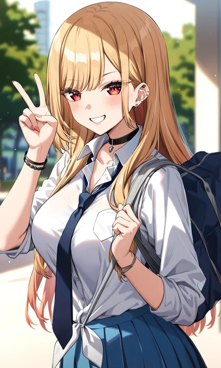 1girl, sensitive, kitagawa marin, solo, long hair, breasts, looking at viewer, blush, smile, shirt, skirt, blonde hair, red eyes, jewelry, school uniform, white shirt, earrings, pleated skirt, necktie, collared shirt, choker, bag, grin, bracelet, blue skirt, v, black choker, blurry background, piercing, ear piercing, blue necktie, school bag