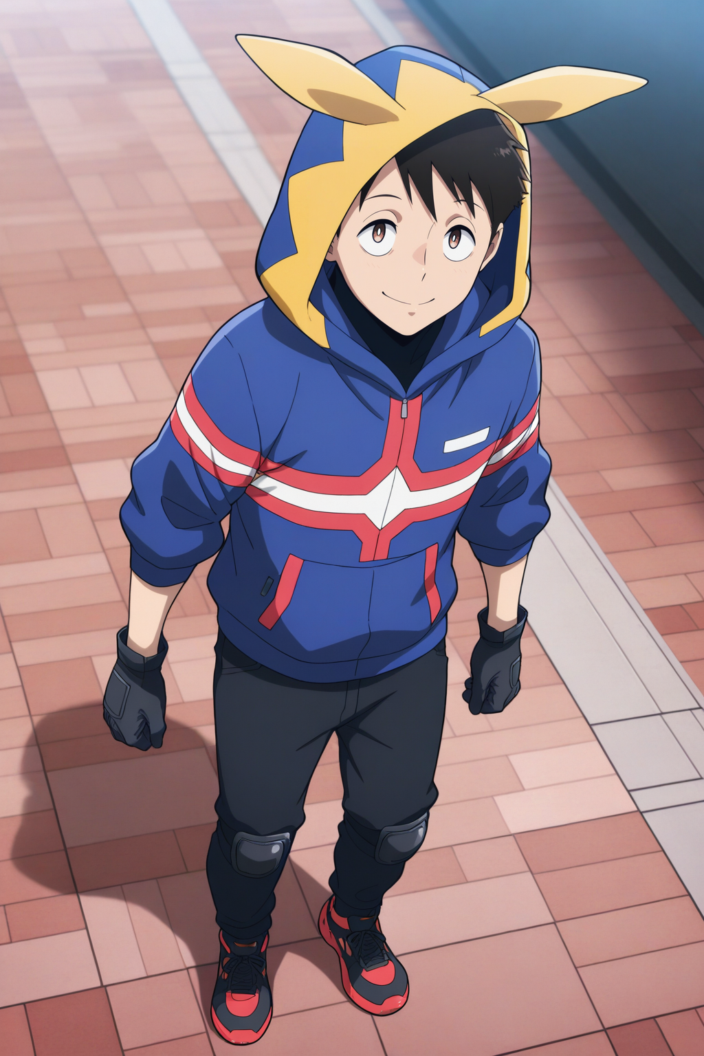 masterpiece, best quality, amazing quality, very aesthetic, absurdres, ultra detailed,
<lora:il_contrast_slider_d1 (Ð¦ÐÐÐ¢ ÐÐÐ Ð¢ÐÐÐÐ):-0.8>
<lora:Kouichi Haimawari:0.8> kouichi_haimawari, 1boy,
hood with ears, blue hoodie, black pants, black gloves with knee pads, black sneakers with red soles,
solo, standing, smile, view from above,