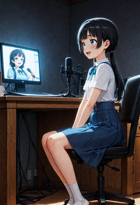 masterpiece, best quality, high quality, highres, absurdres, insanely detailed, amazing quality, very aesthetic, newest,  Anime screencap, zPDXL3, sfw,
<lora:Hyper-SDXL-8steps-lora:1>, <lora:StS-Illustrious-Detail-Slider-v1.0:3>, <lora:illustriousXL_stabilizer_v1.7:0.8>,
1girl, solo, black hair, bangs, Straight bangs, blunt bangs, hime cut, long hair, straight hair, low twintails, long pigtails, hair tie,
dress, blue dress, white blouse, neck ribbon, bule ribbon, suspenders, suspender skirt, white socks,
sit, sitting, from side, side view, desk, chair, smile, happy, joy, open mouth,
<lora:The_after_show_Illustrious:1> the_after_show, girl on moniter in the background, microphone, microphone stand, talk, talking, female focus,
<lora:Illuminated_by_Screen_-_Illustrious:0.8>
scr33nlum, laptop, monitor, shadows, dark room,