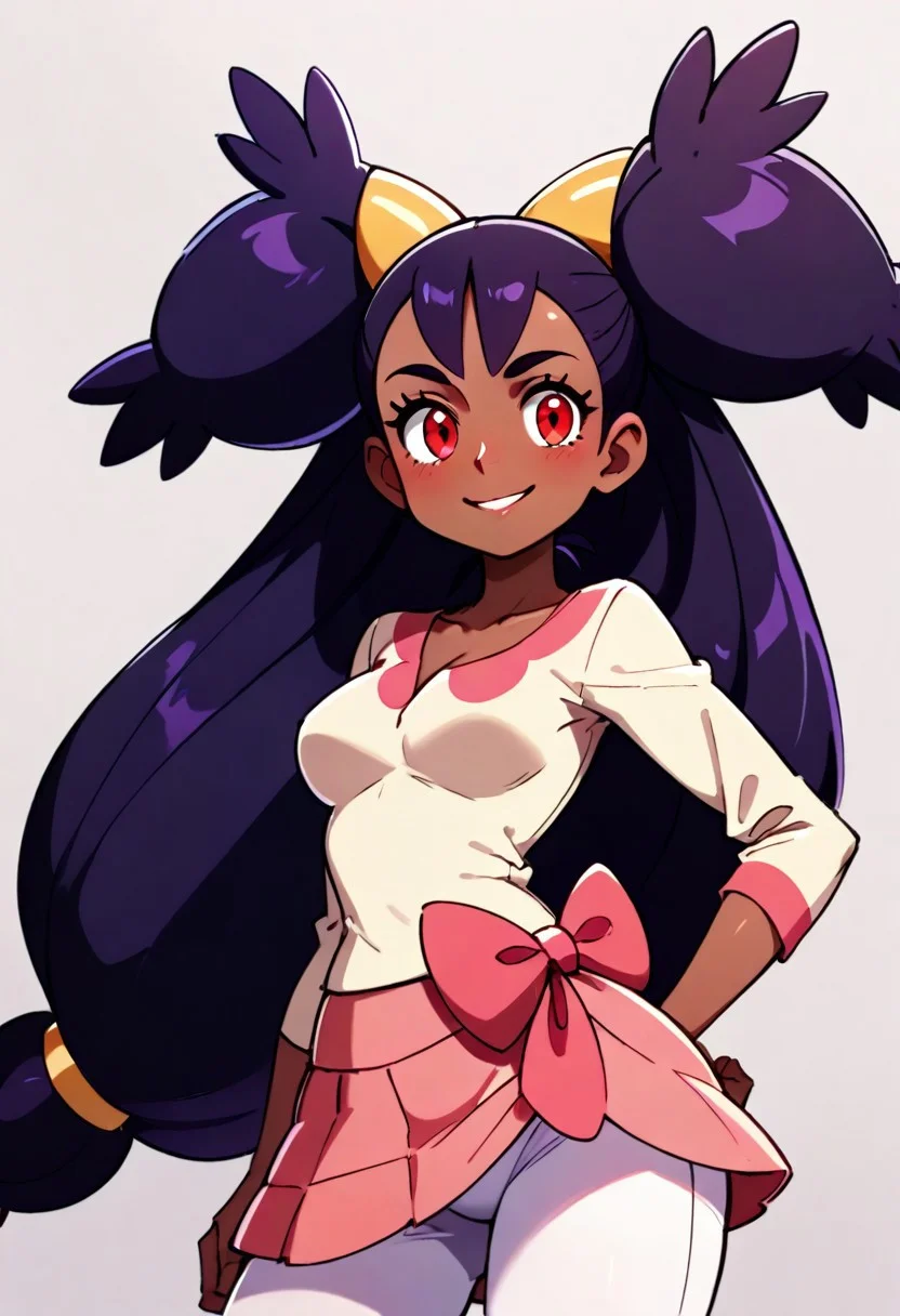 masterpiece, best quality, 32k, high resolution, absurdres, medium breasts, (curvy), cute, eyelashes, vivid colors,
iris \(pokemon\), purple hair, long hair, red eyes, dark skin, big hair, hair ornament, white leggings, long sleeves, miniskirt, pink skirt,
cowboy shot, smile, looking at viewer, wind, dynamic pose,