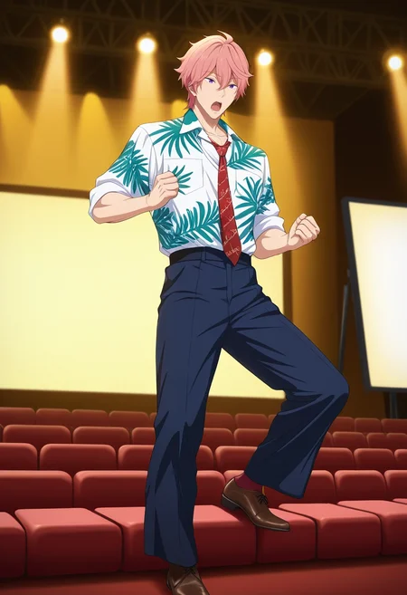 masterpiece, best quality, intricate details, (photorealistic:0.6),, 1boy, solo, male focus, <lora:kisumi_shigino_ilxl:1>, kisumi_shigino, pink hair, purple eyes, hair between eyes, white shirt, collared jacket, red necktie, crystal theater, gem seats, light stage, performance space, performing pose, dramatic expression, stage lighting, Cropped trousers, Moire Dark green Animal print Hawaiian shirt, Cap-toe shoes, , and