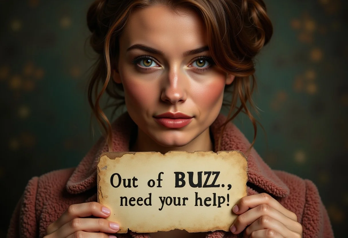 award wining photography, woman, (photorealistic:1.8), (ultra realistic:1.7). (instagram influencer photo:1.8). vintage, 45 YO woman, OverallDetail, Magical beautiful background fantasy, perfect face and eyes, hyper-detailed hypermaximalist dynamic style. Holding a card with a quote, spell text "Out of BUZZ, need your help!" aidmatextimprover
