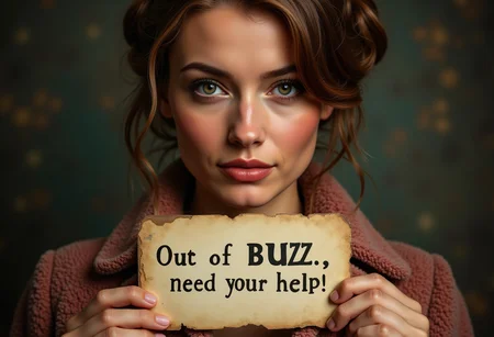 award wining photography, woman, (photorealistic:1.8), (ultra realistic:1.7). (instagram influencer photo:1.8). vintage, 45 YO woman, OverallDetail, Magical beautiful background fantasy, perfect face and eyes, hyper-detailed hypermaximalist dynamic style. Holding a card with a quote, spell text "Out of BUZZ, need your help!" aidmatextimprover