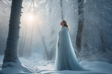 cinematic film still photo of as a serene and majestic personification of winter stands tall, draped in a cloak of pure white snowflakes, her breath crystallizing in the frosty air as she traverses through a frost-kissed forest, each step leaving a delicate trail of glistening frost behind her, while the world around her is transformed into a wonderland of icicles and snow-laden branches, evoking a sense of stillness and tranquility amidst the hushed beauty of the season's icy embrace, smooth, epic composition, joyful, beautiful soft lighting, (vibrant colors:1.2), sharp focus, natural lighting, 8k uhd, dslr, high quality, film grain . shallow depth of field, vignette, highly detailed, high budget Hollywood movie, bokeh, cinemascope, moody, epic, gorgeous, film grain, grainy