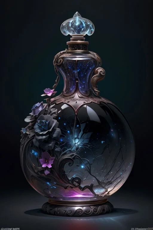 ultra realistic 8k, masterpiece, dark, two luscious heliotrope roses, black background, yellow cracks, (dark black leaves and stem), (blue nebula swirls, cracks), vortex, (((ruby heart in a perfume bottle, 1/3 rule, one third rule)))