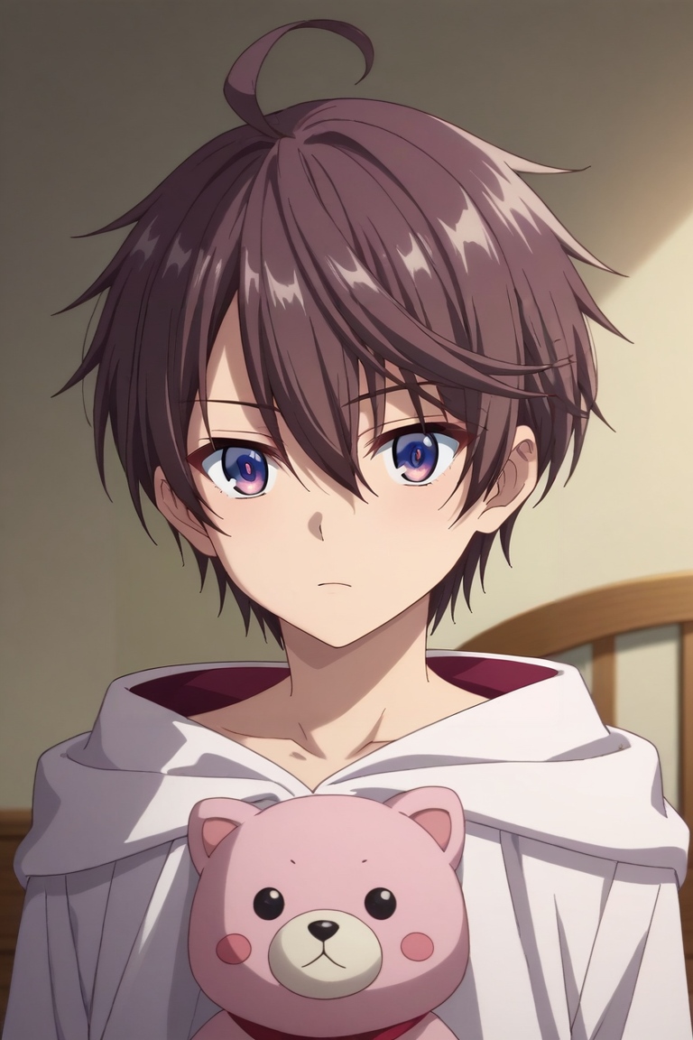 score_9, score_8_up, score_7_up, source_anime, rating_safe, intricate details, anime screencap, , , looking at viewer, depth of field, 1boy, solo, male focus, <lora:leonis_death_magnus_pony:0.82>, leonis_death_magnus, brown hair, purple eyes, short hair, hair between eyes, bangs, ahoge, focused, bedroom, (plush), dawn, the pose, squinting, , <lora:sdxl_lightning_8step_lora:1>