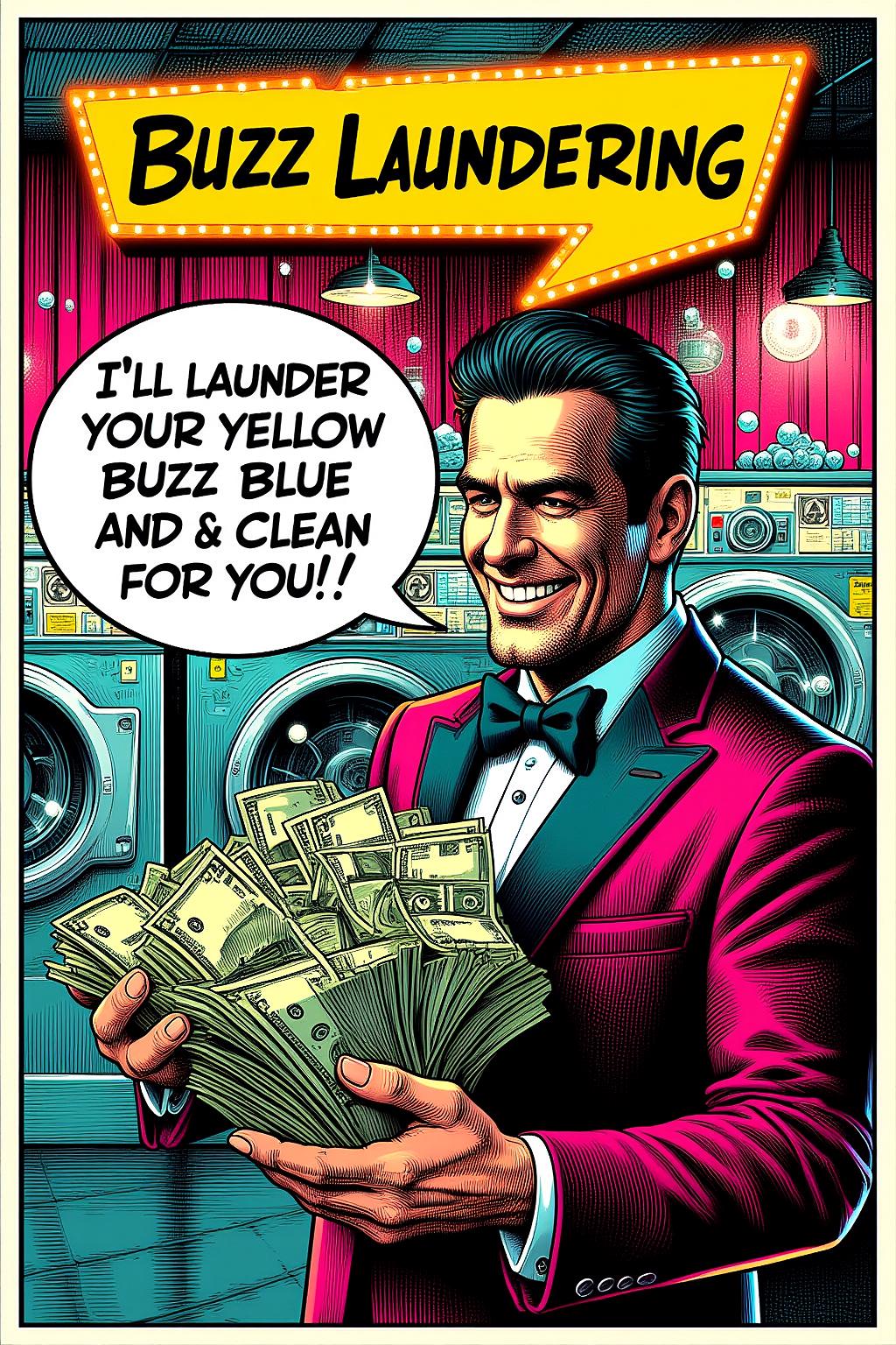A poster advertising a comical "Buzz laundering" service. The central character is a sleazy salesman, around 40 years old, with slicked-back hair, a flashy suit, and a wide, exaggerated grin. He's holding stacks of cash in one hand. A speech bubble reads, "I'll launder your yellow buzz blue and clean for you!" The background is a laundromat filled with washing machines dollar bills and soap bubbles, adding humor to the shady business vibe. Bright neon lighting, retro colors, slightly worn look, pop art style, high contrast, retro comic illustration. <lora:Eldritch_Ink_Art_for_Flux_1.0:1.0><lora:784483572263371162:0>