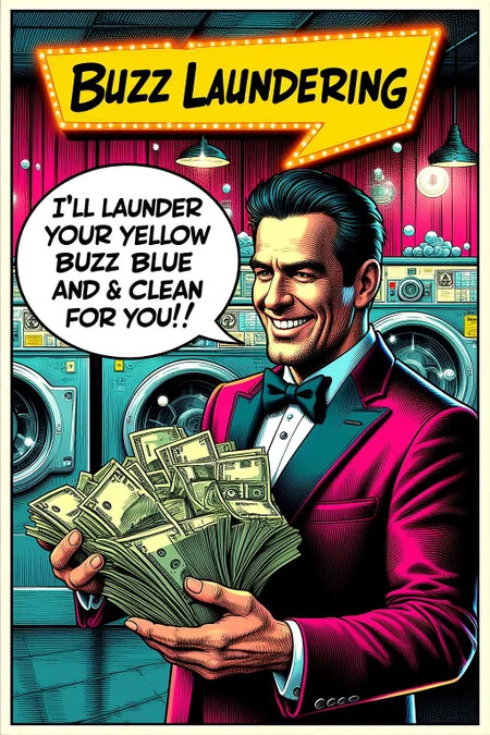 A poster advertising a comical "Buzz laundering" service. The central character is a sleazy salesman, around 40 years old, with slicked-back hair, a flashy suit, and a wide, exaggerated grin. He's holding stacks of cash in one hand. A speech bubble reads, "I'll launder your yellow buzz blue and clean for you!" The background is a laundromat filled with washing machines dollar bills and soap bubbles, adding humor to the shady business vibe. Bright neon lighting, retro colors, slightly worn look, pop art style, high contrast, retro comic illustration. <lora:Eldritch_Ink_Art_for_Flux_1.0:1.0><lora:784483572263371162:0>