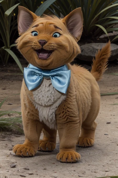 toulouse, kitten, animal focus, no humans, outdoors, open mouth, full body, solo, light blue bowtie, grass, plant, black eyes, sketch, standing, green sclera, from side, flower, orange fur, leaf, ribbon,tail, (best quality, masterpiece,realistic) <lora:toulouse_v1:1>