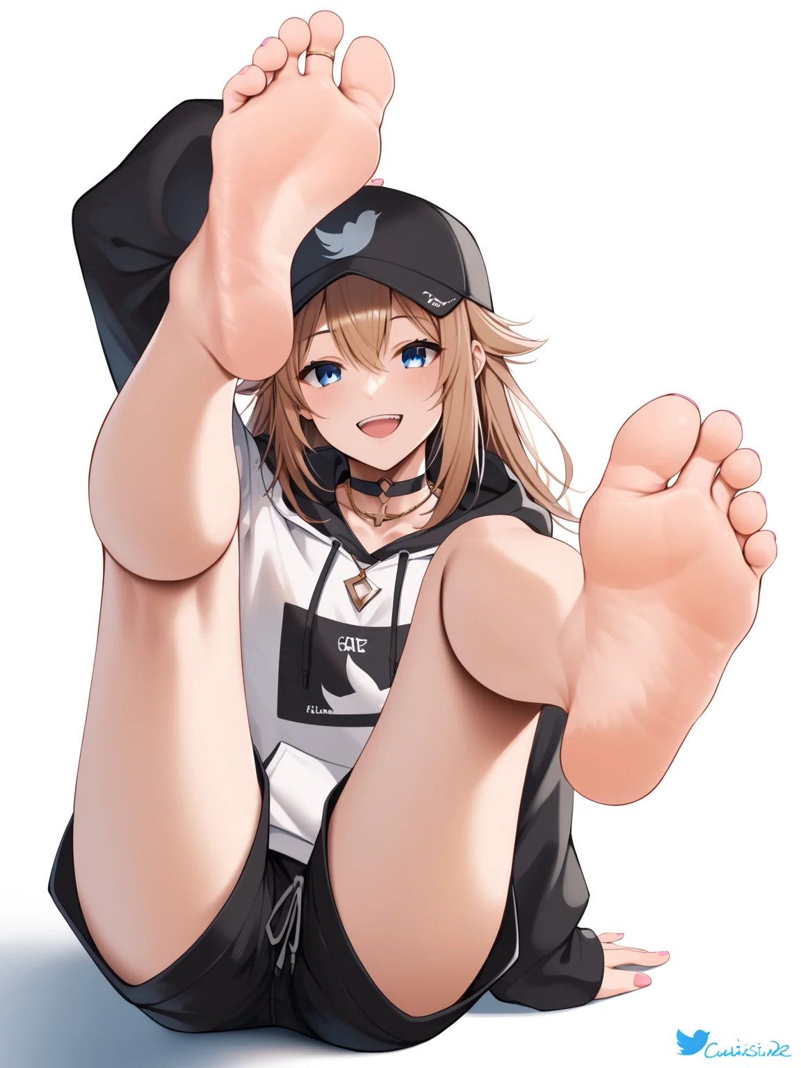 score_9, score_8_up, score_7_up, score_6_up, score_5_up, score_4_up, source_anime, <lora:casinep_style-ponyxl-v10h:1> , 1girl, solo, casinep style, looking at viewer, barefoot, feet, toes, soles, legs, smile, bare legs, foot focus, foreshortening, long hair, thighs, full body, open mouth, hair between eyes, jewelry, twitter username, :d, long sleeves, nail polish, teeth, presenting foot, toenail polish, collarbone, sidelocks, simple background, blue eyes, white background, shorts, feet up, hat, legs up, brown hair, short shorts, necklace, spread toes, black shorts, choker, hood, hoodie, pink nails, black headwear, hood down, arm up, hair flaps, outstretched arm, reaching towards viewer, toe scrunch, baseball cap, black hoodie, white hoodie, drawstring, hand on headwear, knees together feet apart