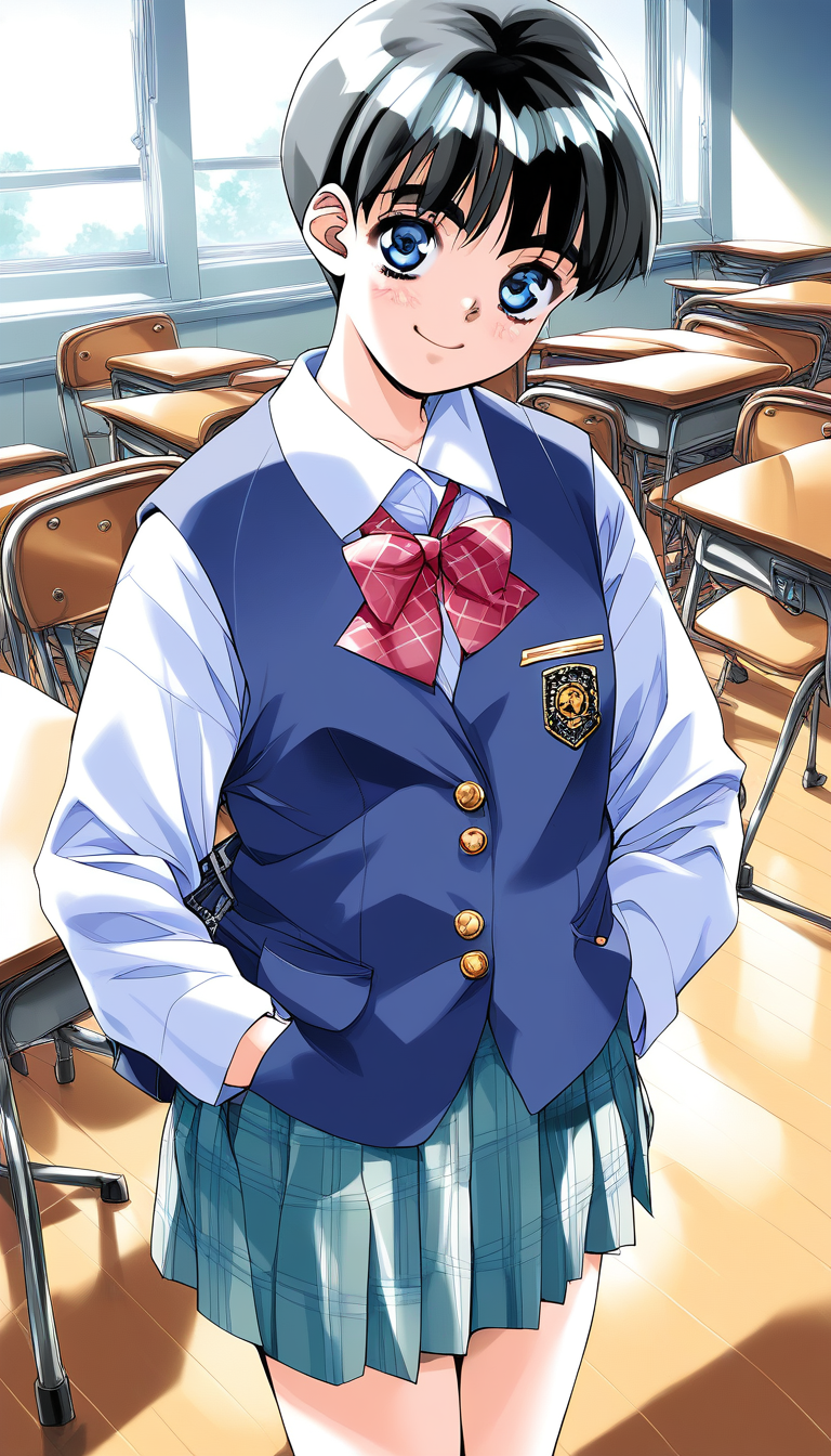 score_9, score_8_up, score_7_up, source_anime, rating_explicit, BREAK <lora:Shinohara_Izumi_XL:1>Shinohara_Izumi, black hair, blue eyes, short hair, bangs, small breasts, 
1girl, solo, hands in pockets, plaid, indoors, smile, looking at viewer, bow, school uniform, chair, long sleeves, bag, skirt, plaid skirt, vest