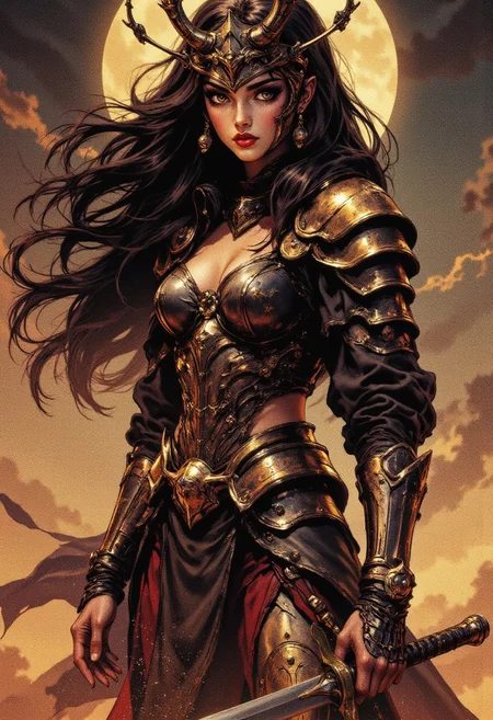 dark fantasy, eerie, horror in the style of ck-mgs, portrait of female Japanese barbarian warrior in leather and bronze bikini armour, cleavage, intricate helmet, dark eyeshadow, red lips, long flowing hair, directional lighting, on dusty plain