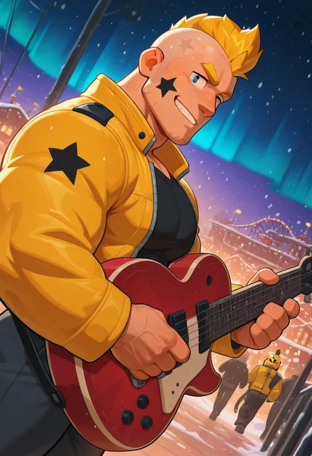 mbtiesfp, 1boy, blonde, short hair, black star on face,, yellow jacket, black shirt, looking at viewer, smirk, grin, happy, brawlStars, in the amusement park, pants, portrait, half body, upper body, blue eyes, shaved mohawk, source_cartoon, vector art, 2d, bara, manly, muscular, 3/4 view, night sky, aurora in the sky, snow, playing guitar, {{holding red electric guitar}}, in the concert, ((floating colorful muscial notes)), snowstorm, Side View, Pec focus, left view, warm lighting, with people walking background, {{colorful glowing musical notes}}, yellow eyebrows, yellow chin hair, dutch angle