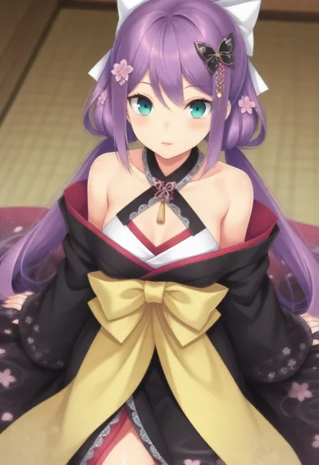 masterpiece, best quality, amazing quality,,, shiny skin,,,,,,,,nijiritsuki,,green eye,purple hair,makeup,long hair,low twintails,butterfly ornament,hair bow,white bow,hair flower,nijiritsukicos,black kimono,floral print kimono,frill-trimmed kimono,lace-trimmed kimono,off shoulder,bare shoulder,x-cross halterneck,long sleeves,wide sleeves,long skirt,obi,sash,waist bow,long bow,white lace gloves,long gloves,fingerless gloves,