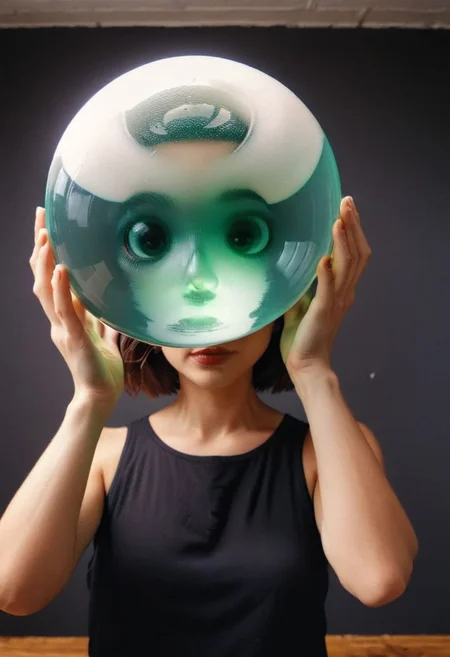 Closeup of two hands Holding a sss translucent Glass orb, infront of her face, DARK room, subsurface scattering, reflecting((TsuiFroppyCos, in translucent sss black in dark vibrant galaxy, waves of sss light)) ,  Hair over one eye, 
atmospheric haze, Film grain, cinematic film still, shallow depth of field, highly detailed, high budget, cinemascope, moody, epic, OverallDetail, 2000s vintage RAW photo, photorealistic, candid camera, color graded cinematic, atmospheric lighting, imperfections, natural, shallow dof