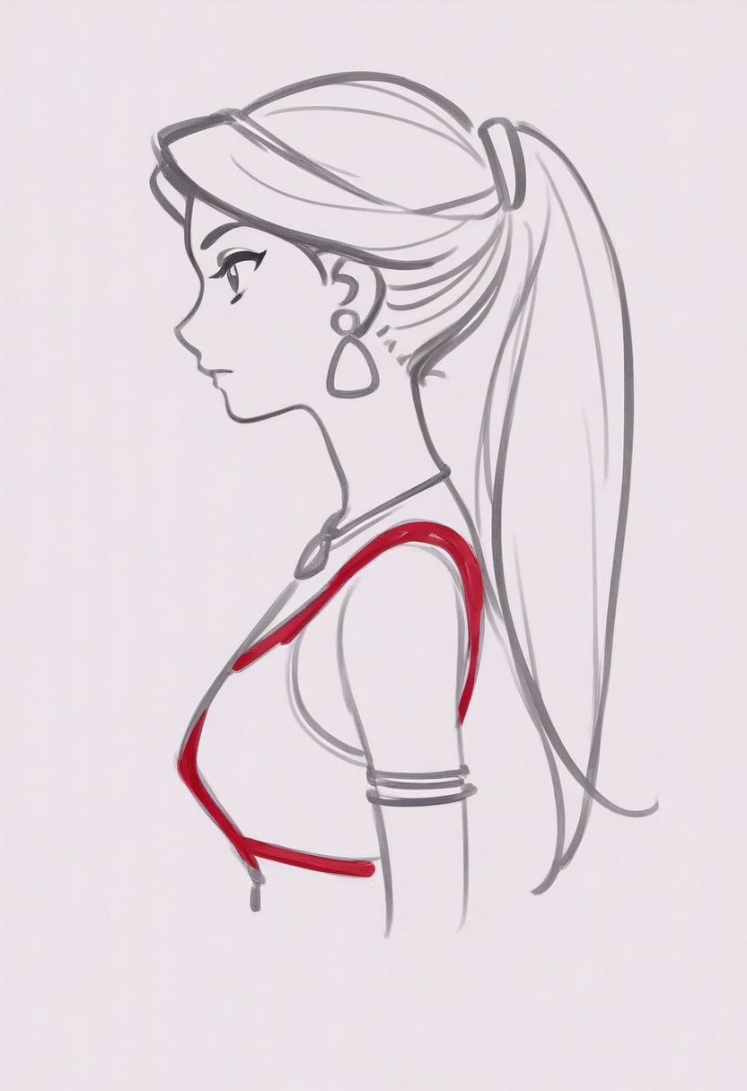 1girl, upper body, Jasmine, red outfit, ponytail,  ((solo)), from side, profile sketch, Minimalism, Greyscale, Stylized
