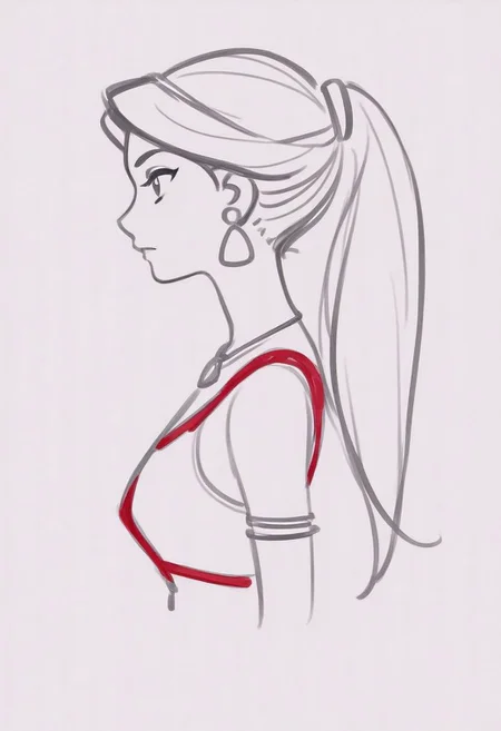 1girl, upper body, Jasmine, red outfit, ponytail, ((solo)), from side, profile sketch, Minimalism, Greyscale, Stylized