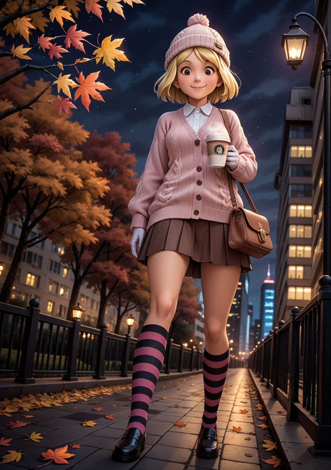 score_9, score_8_up, score_7_up, BREAK, masterpiece, highres, emilyelizabeth, blonde hair, short hair, smile, thighs, black eyes, long sleeves, white skin, pale skin, white collar, striped socks, kneehighs, black shoes, brown knit hat, cardigan sweater, white sweater, pink undershirt, brown purse, white gloves, puffy gloves, coffee, brown skirt, maple leaves, tree, autumn, city, skyscraper, night, lamppost, smile, swirling, looking down, close up, from below, bottom pov <lora:Emily_Elizabeth:1>