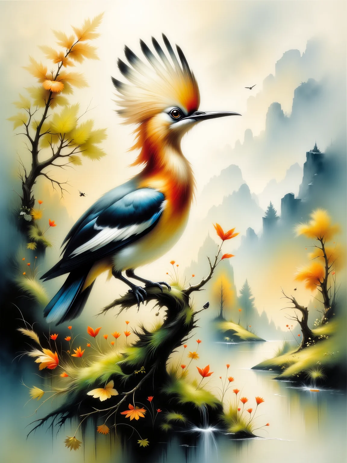 nature illustration in a watercolor painting style, watercolor on textured paper, with delicate, flowing brushstrokes, soft and detailed, the image shows an eurasian hoopoe perched on a moss-covered branch in the foreground, surrounded by a lush, sunlit landscape, the background features a tranquil countryside scene with open meadows, scattered trees, and distant rolling hills bathed in soft, golden light, in the foreground, the hoopoe perches gracefully, its vibrant plumage with striking black and white stripes on its wings and crest contrasting against the soft, natural tones of the branch, dew-drops cling to the moss, reflecting the morning light, in the background, a landscape of gently rolling hills stretches into the distance, dotted with wildflowers, trees with soft green leaves, the eurasian hoopoe is the main subject, its delicate posture and distinctive crest feathers raised slightly, as if alert to its surroundings, its curved beak points downward, ready to hunt for insects, the natural landscape provides a serene and idyllic backdrop, complementing the birdâs natural habitat, the hoopoeâs plumage is painted in delicate details, with shades of orange, brown, black, and white blending seamlessly, its distinctive crest is fanned slightly, giving a sense of alertness, the birdâs eye glistens with life, while its beak is long and curved, poised as if ready to peck, a vertical close-up of the hoopoe from a slightly low angle, allowing the bird to stand out against the wide-open background, the camera captures the bird in full detail, with the landscape gently fading into the distance, the lighting is soft and natural, golden hour, the warm sunlight bathes the bird and landscape in a gentle glow, highlighting the textures of the feathers and the delicate details of the foliage, soft, fluid edges and a dreamy atmosphere, the colors are soft yet vibrant, with subtle bleeding effects typical of watercolors, in the background light washes of green, yellow, and blue blending together to create a harmonious scenery, 3th33r34l, <lora:style-ethereal_grace-flux-by_andreac75:1.0> <lora:image_enhancer-flux-by_dever:0.8>