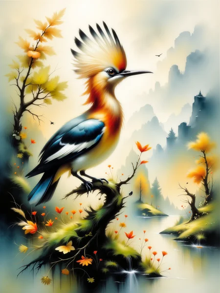 nature illustration in a watercolor painting style, watercolor on textured paper, with delicate, flowing brushstrokes, soft and detailed, the image shows an eurasian hoopoe perched on a moss-covered branch in the foreground, surrounded by a lush, sunlit landscape, the background features a tranquil countryside scene with open meadows, scattered trees, and distant rolling hills bathed in soft, golden light, in the foreground, the hoopoe perches gracefully, its vibrant plumage with striking black and white stripes on its wings and crest contrasting against the soft, natural tones of the branch, dew-drops cling to the moss, reflecting the morning light, in the background, a landscape of gently rolling hills stretches into the distance, dotted with wildflowers, trees with soft green leaves, the eurasian hoopoe is the main subject, its delicate posture and distinctive crest feathers raised slightly, as if alert to its surroundings, its curved beak points downward, ready to hunt for insects, the natural landscape provides a serene and idyllic backdrop, complementing the birdâs natural habitat, the hoopoeâs plumage is painted in delicate details, with shades of orange, brown, black, and white blending seamlessly, its distinctive crest is fanned slightly, giving a sense of alertness, the birdâs eye glistens with life, while its beak is long and curved, poised as if ready to peck, a vertical close-up of the hoopoe from a slightly low angle, allowing the bird to stand out against the wide-open background, the camera captures the bird in full detail, with the landscape gently fading into the distance, the lighting is soft and natural, golden hour, the warm sunlight bathes the bird and landscape in a gentle glow, highlighting the textures of the feathers and the delicate details of the foliage, soft, fluid edges and a dreamy atmosphere, the colors are soft yet vibrant, with subtle bleeding effects typical of watercolors, in the background light washes of green, yellow, and blue blending together to create a harmonious scenery, 3th33r34l, <lora:style-ethereal_grace-flux-by_andreac75:1.0> <lora:image_enhancer-flux-by_dever:0.8>