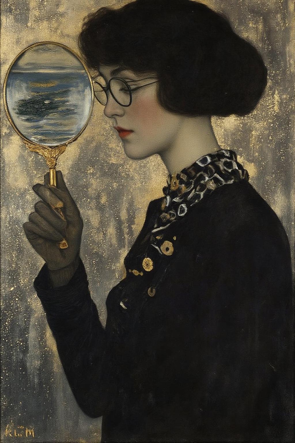 kl1mt painting. Portrait of a female detective scowling into a magnifying glass. The glass is crystal clear, showing a water portal through the glass. The detective is wearing a pair of old fashion glasses, and a black suit that emanates her shadowy figure. <lora:kl1mt_cap_d6a3e12:1.0><lora:823308697934601796:0>