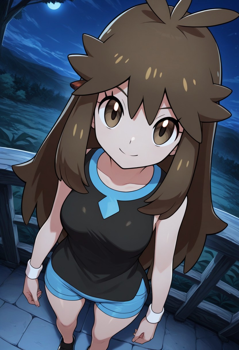 2d, masterpiece, best quality, amazing quality, 1girl, solo, close-up, standing, smile, upper body, from above, dutch angle, looking at viewer, night, moonlight, sky,  lgpegreen, green \(pokemon\), brown eyes, eyelashes, long hair, bangs, brown hair, sidelocks, black shirt, sleeveless shirt, blue shorts, short shorts, shoes, black footwear, bare legs