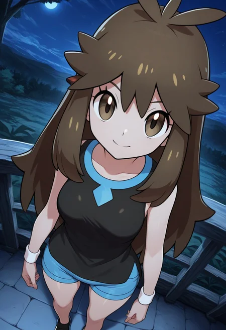 2d, masterpiece, best quality, amazing quality, 1girl, solo, close-up, standing, smile, upper body, from above, dutch angle, looking at viewer, night, moonlight, sky,  lgpegreen, green \(pokemon\), brown eyes, eyelashes, long hair, bangs, brown hair, sidelocks, black shirt, sleeveless shirt, blue shorts, short shorts, shoes, black footwear, bare legs
