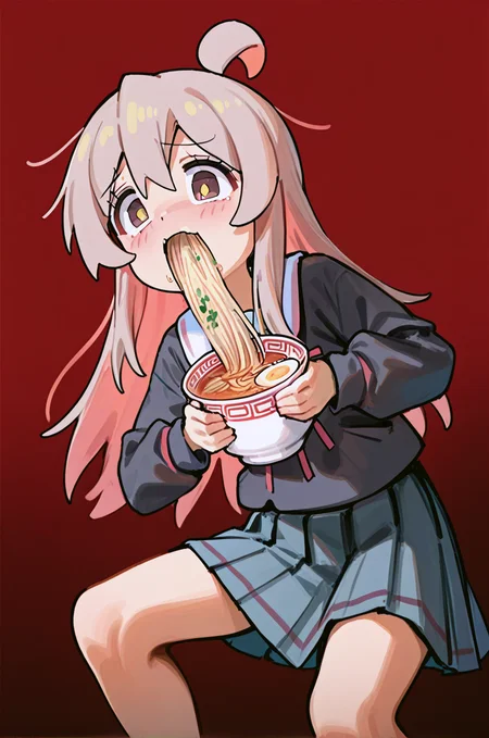 sdhs, 1girl, oyama mahiro, onii-chan wa oshimai!, holding, holding food, holding ramen, ramen, eating, biting, school uniform, pleated skirt, wide-eyed, looking at viewer, feet out of frame, red background,  simple background, ((masterpiece, best quality, latest)) <lora:sdhs:.8>
