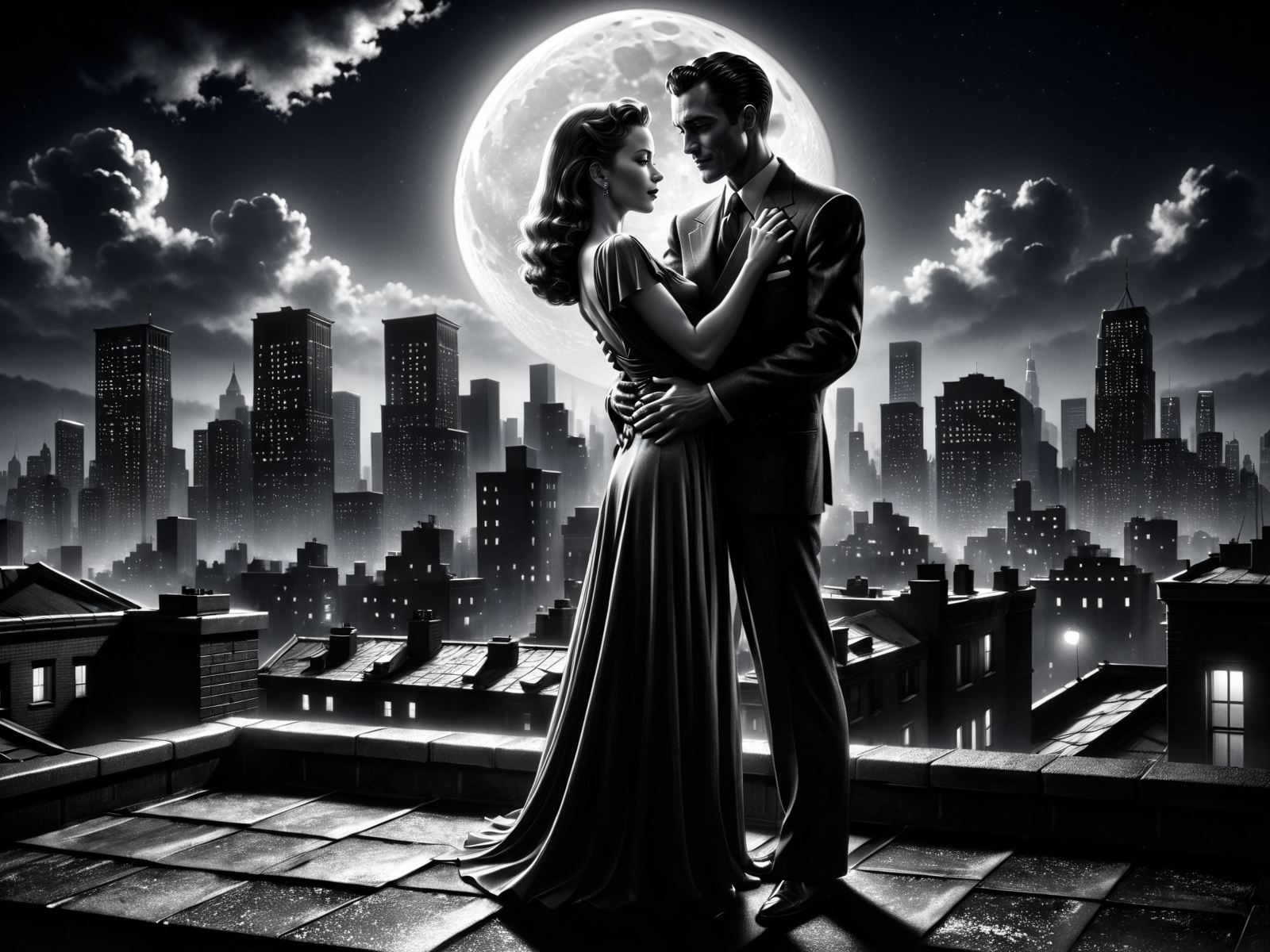 man and woman embracing, rooftop, cityskyline in the background, 1940, noir, night, moon<lora:Sin_City_Movie_Style_SDXL:0.8> mad-sincity, (masterpiece:1.2), best quality, (hyperdetailed, highest detailed:1.2), high resolution textures