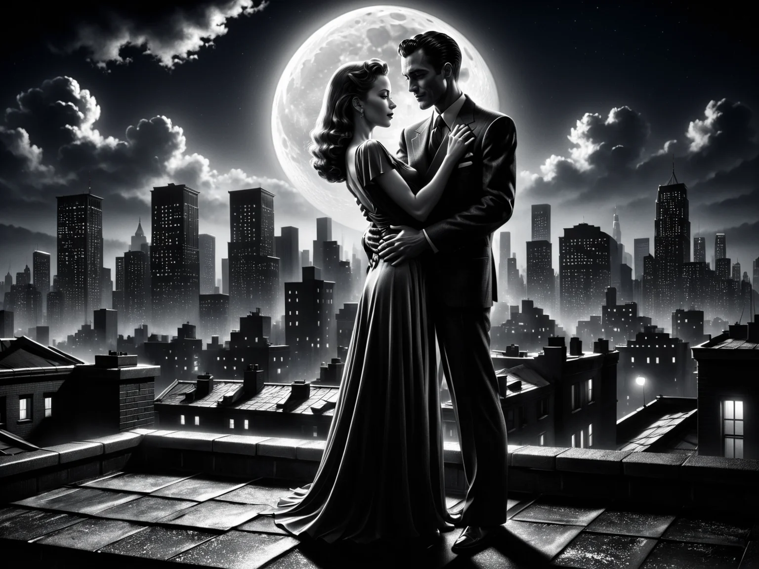 man and woman embracing, rooftop, cityskyline in the background, 1940, noir, night, moon<lora:Sin_City_Movie_Style_SDXL:0.8> mad-sincity, (masterpiece:1.2), best quality, (hyperdetailed, highest detailed:1.2), high resolution textures