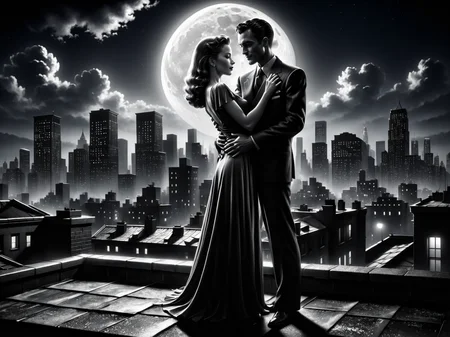man and woman embracing, rooftop, cityskyline in the background, 1940, noir, night, moon<lora:Sin_City_Movie_Style_SDXL:0.8> mad-sincity, (masterpiece:1.2), best quality, (hyperdetailed, highest detailed:1.2), high resolution textures
