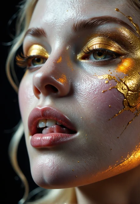 Extreme close-up, tilted angle of a face painted with abstract brushstrokes, gold leaf lashes, high fashion makeup, blending into the blurry, dreamlike background,  <lora:aidmaMJv7:0.7> aidmamjv7, <lora:artisketchyfs-v02:0.8> ,<lora:CPA:0.7>  cyberpunk,  <lora:glowing-marbled-paper-flux:0.4> mad-glwngmrbldppr, glowing elements, piercing <lora:sxxxyMouth__rank16_bf16:1> sxxxymouth, open mouth, the tip of the tongue touches the upper lip