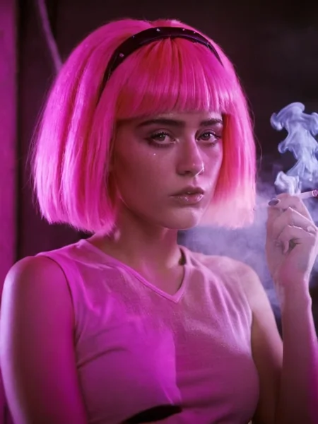 cinematic film still of rachael stephanie looking at the camera, pink hair, holding cigarette, dark room, blade runner style, sunset, volumetric lighting (smoke:1.3)
<lora:Blade Runner Style:1>
<lora:stephanie_xl_V1:1>