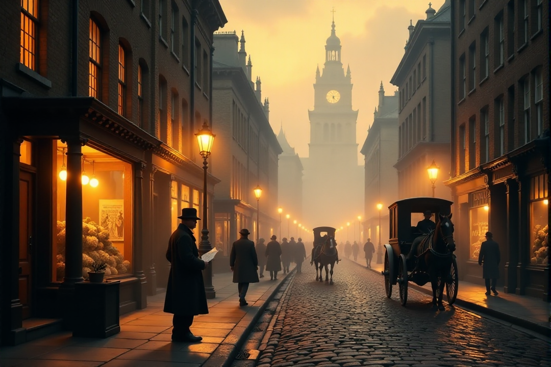 "A cobblestone street in Victorian London at dusk, illuminated by the warm, golden glow spilling from the windows of bustling shops and gas lamps lining the foggy street.  Horse-drawn carriages and pedestrians in period attire navigate the wet stones, their figures softened by the gentle mist. In the foreground, a rosy-cheeked newsboy in a tattered cap hawks the evening papers, his voice echoing softly in the atmospheric air.  Above, the towering silhouettes of grand buildings are just visible through the fog, hinting at both prosperity and mystery. Capture the scene in the style of Thomas Kinkade, emphasizing the warmth of light against the cool, misty evening, using soft, glowing highlights and a rich, inviting color palette of deep reds, browns, and muted golds.  Painterly brushstrokes, detailed textures of cobblestones, brickwork, and fog, cinematic lighting, nostalgic and heartwarming atmosphere, evoking a sense of Victorian charm and Dickensian London at twilight, 8k resolution, oil painting effect, visually stunning and emotionally evocative."âââ