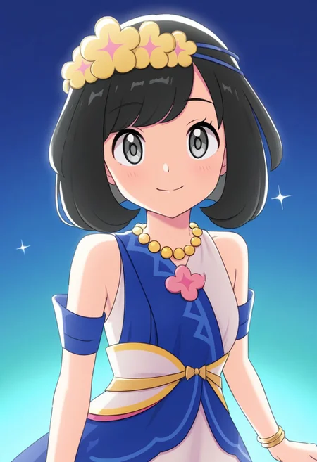 2d, masterpiece, best quality, amazing quality, 1girl, solo, close-up, standing, smile, upper body, leaning_forward, looking at viewer, multicolored background, sparkle, gradient background, colorful background, green background, blue background, ncselene, grey eyes, black hair, short hair, bangs, flower wreath, head wreath, bead necklace, sleeveless dress, blue dress, white dress, bare shoulders, armlet, bracelet